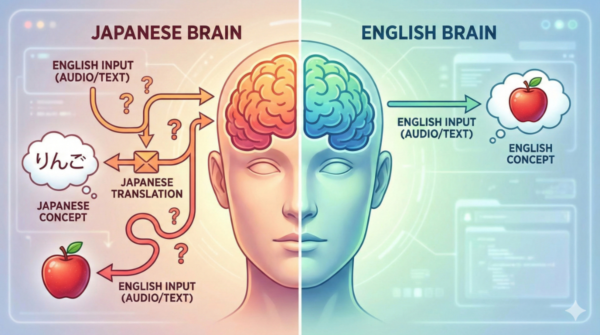日本語を介さずに英語を直接理解する「英語脳」の仕組みを解説する概念図。
