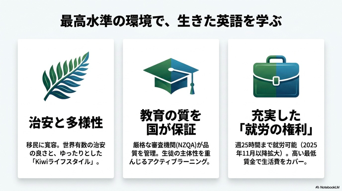 ニュージーランド留学の魅力である治安の良さ、国が保証する教育の質、就労権利についてまとめたスライド