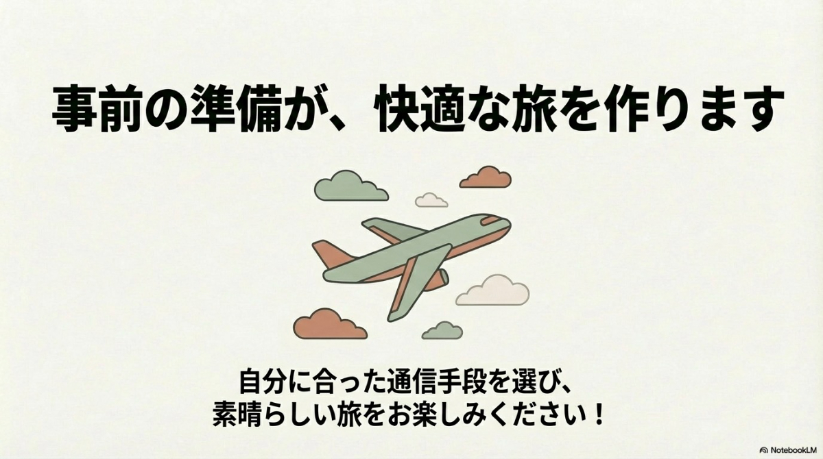 事前の準備が快適な旅を作るため、自分に合った通信手段を選んで旅を楽しむよう促す飛行機のイラスト