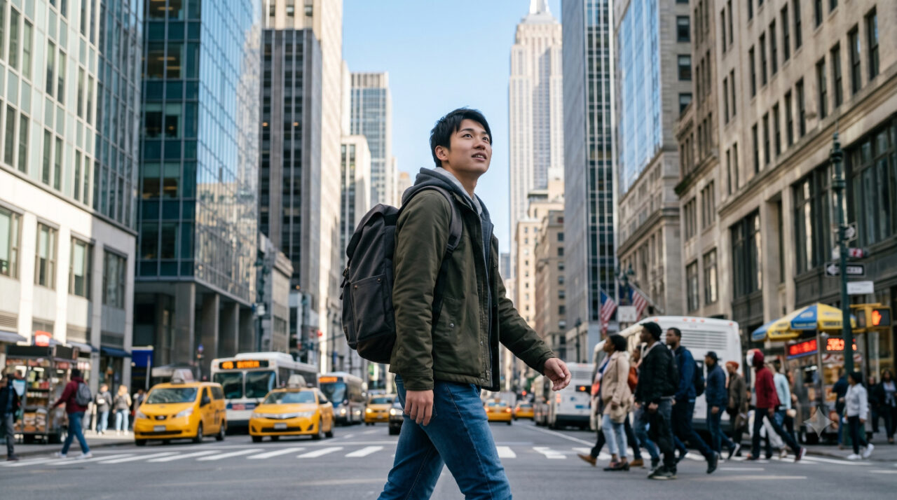 ニューヨークの街をバックパックを背負って歩く日本人の男子留学生
