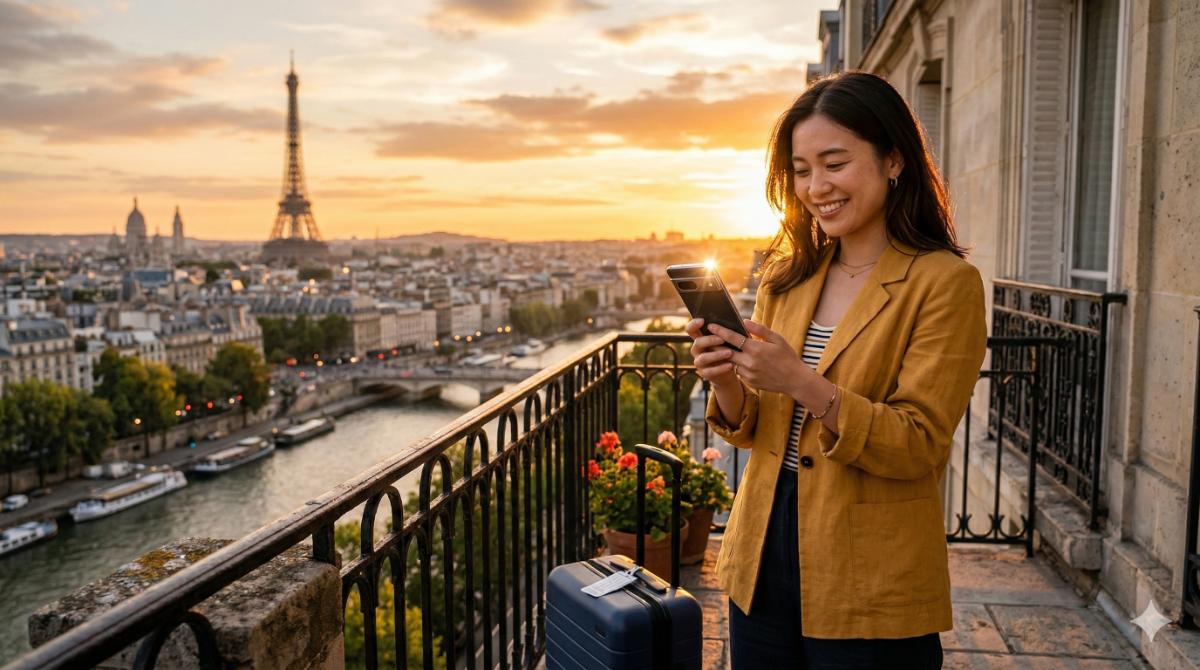 海外の観光地で、日本の旅行者がスマートフォンを快適に使いこなしている様子を描写し、eSIMの利便性を直感的に伝えます。