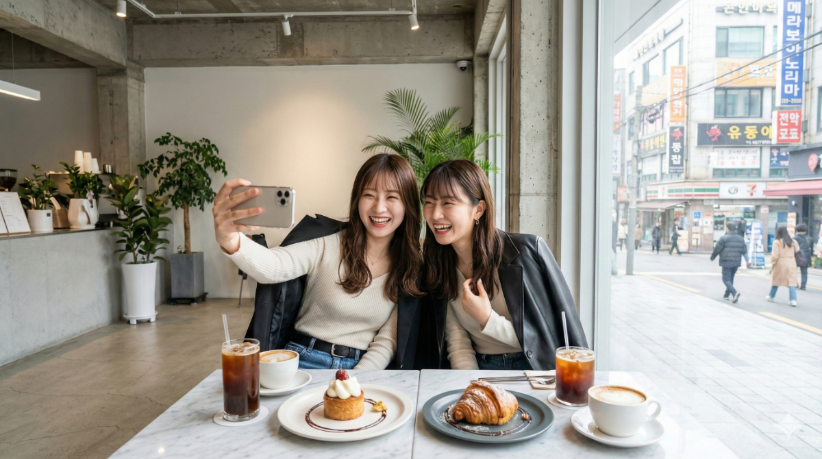 ソウルの洗練されたモダンなカフェで、映えるスイーツやドリンクを前に、スマートフォンで自撮りを楽しんでいる日本人女性2人組。