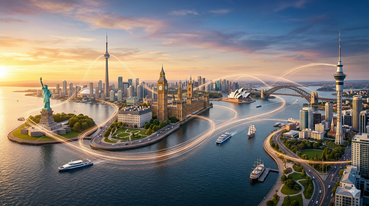 主要な英語圏の国の象徴的なランドマークをパノラマ状に並べ、英語という共通言語で結ばれた世界を表現。