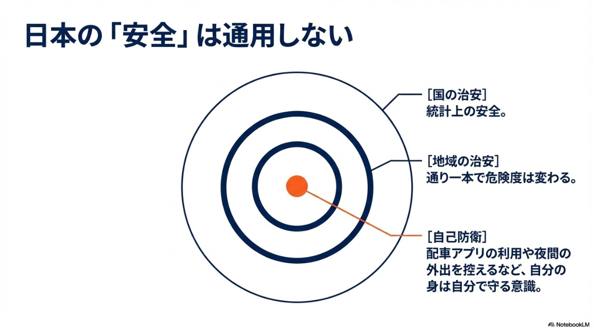日本の安全基準は海外では通用せず、国の治安だけでなく地域の治安を見極め、自己防衛の意識を持つことの重要性を説くスライド。