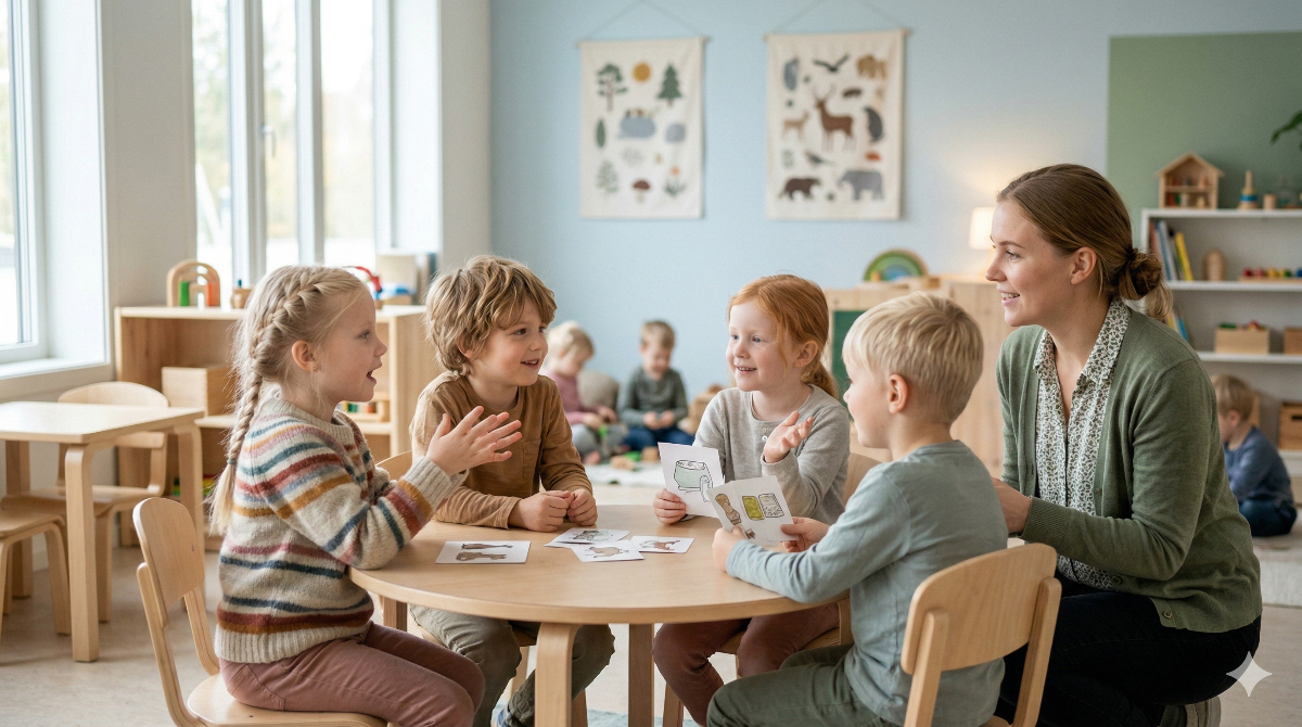 北欧風の教室で、北欧人の小さな子どもたちがグループになり、身振り手振りを交えて楽しそうに英語で会話の練習をしている様子。