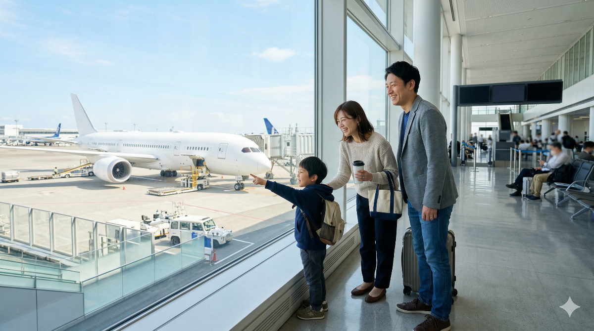 空港の搭乗ゲート付近で大きな窓から見える飛行機を指差して喜ぶ日本人の家族