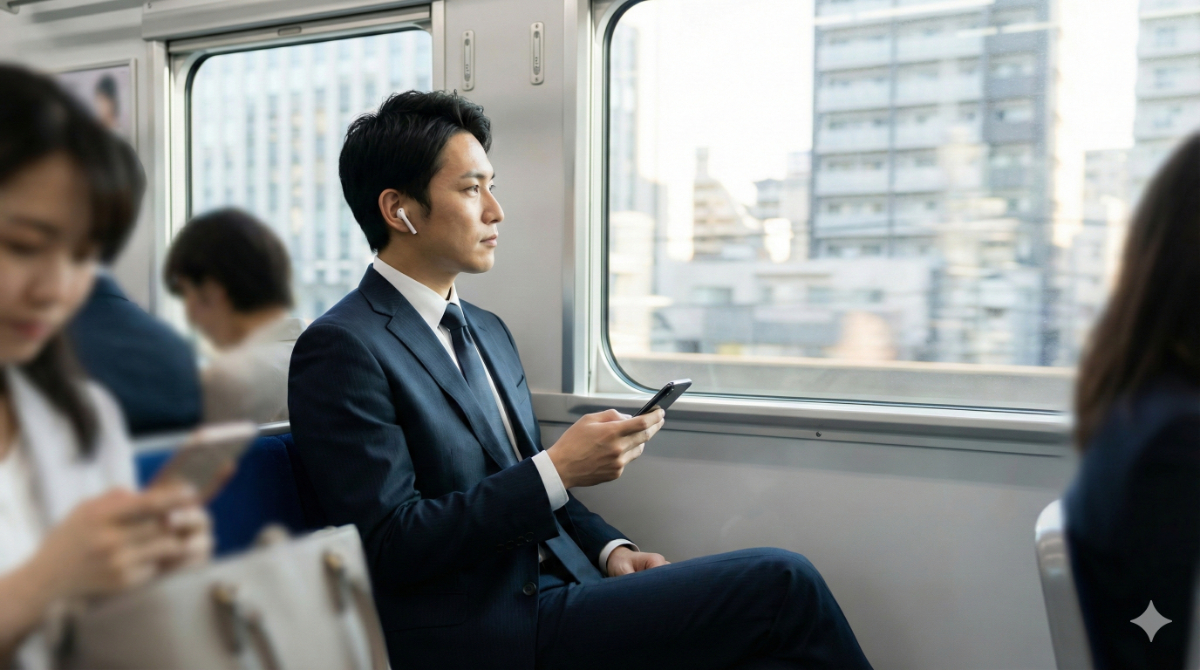 電車での移動中にイヤホンでアニメの音声を集中して聞いている日本人男性。隙間時間を活用した「聞き流し」学習を実践している様子。