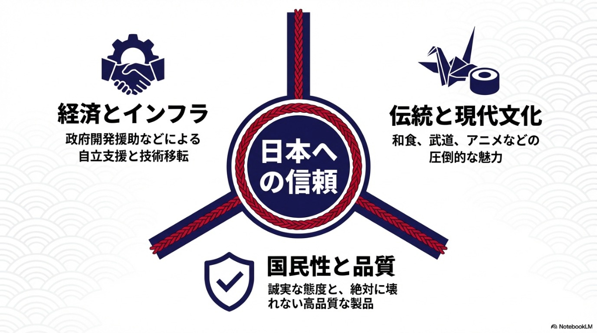 日本が愛される理由としての3つの要素が重なり合い、世界からの高い評価に繋がっていることを示す図