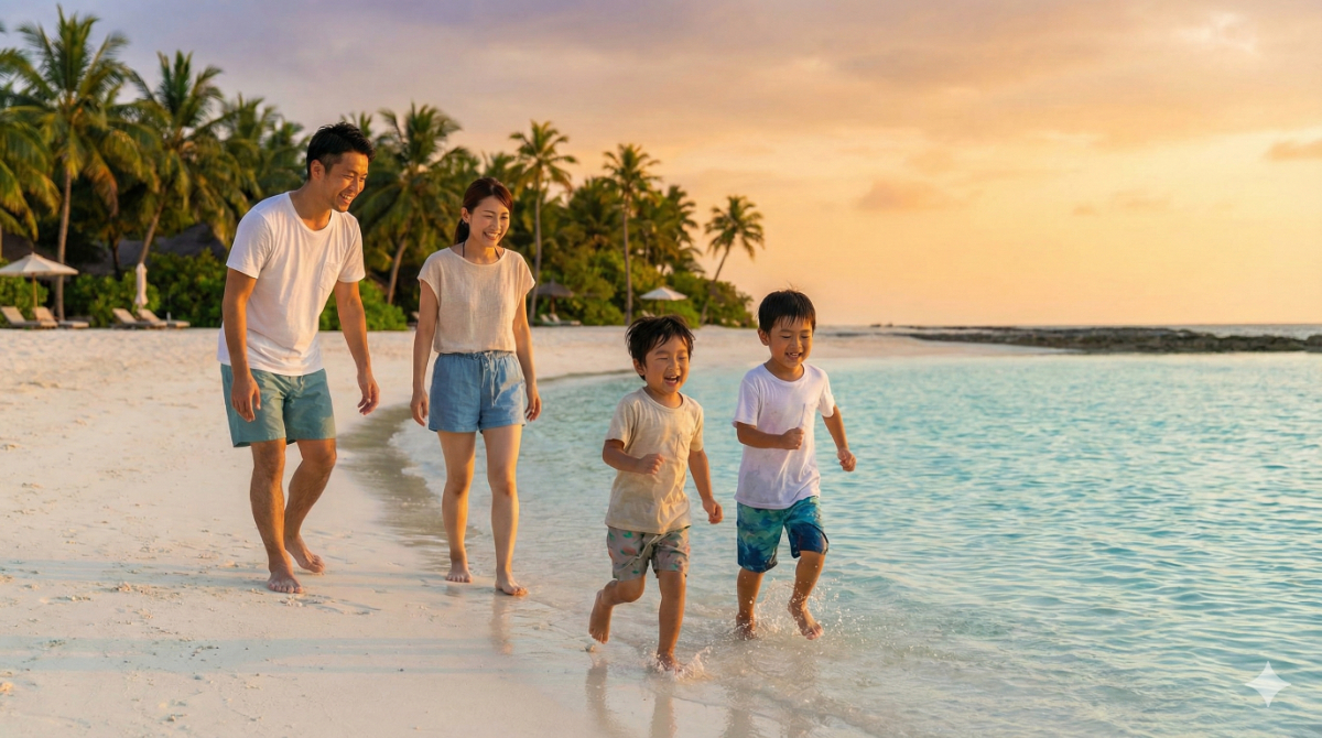 子連れの家族旅行でビーチリゾートを楽しんでいるイメージ