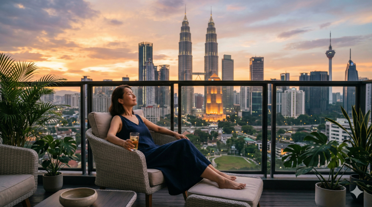 マレーシアなどの移住先をイメージした、安全で近代的なコンドミニアムのバルコニーから眺める夕景