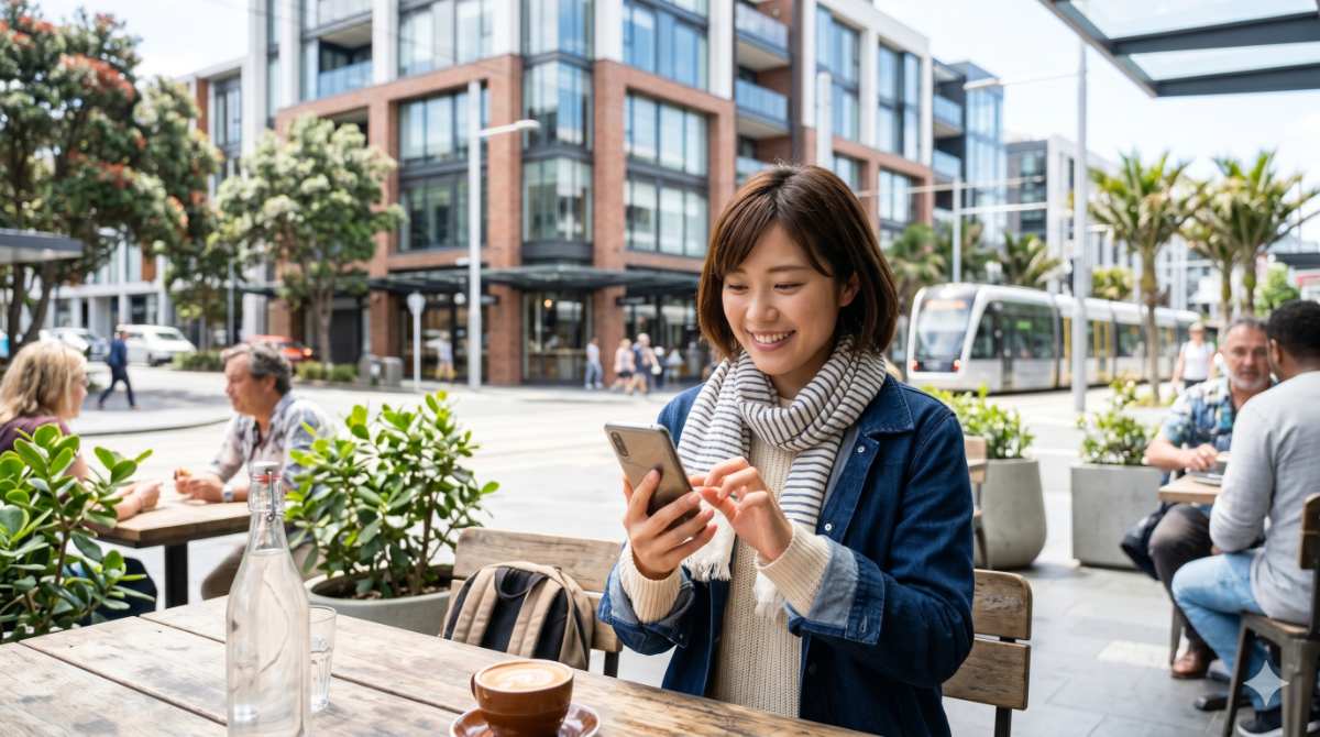 オークランドなどの都市部のカフェでスマートフォンを快適に使いこなす日本人女性の様子。
