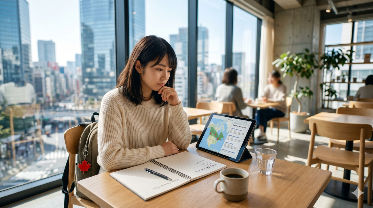 カフェでカナダ留学について検討している日本人学生