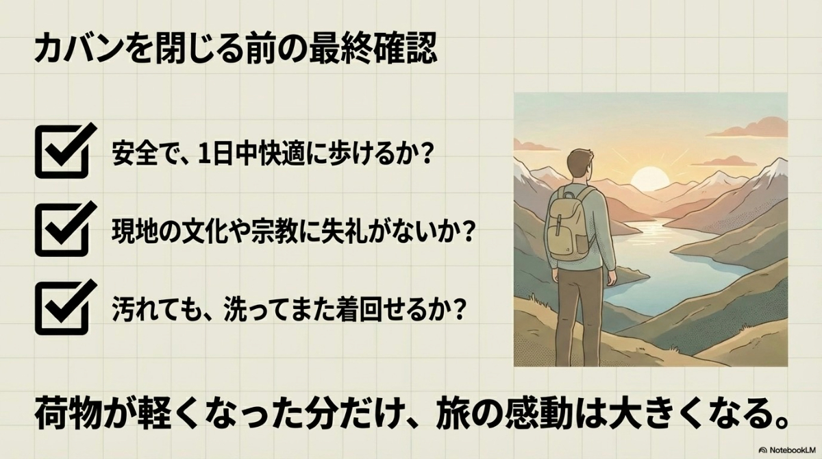 安全性・快適性、文化への配慮、手洗い・着回しのしやすさを確認する、3つの最終チェック項目