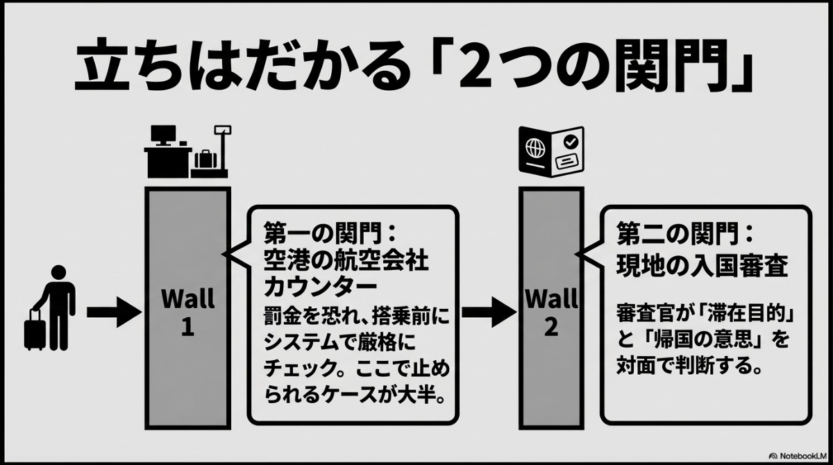 空港の航空会社カウンターでのシステムチェックと、現地の入国審査という2つの関門を示す図解
