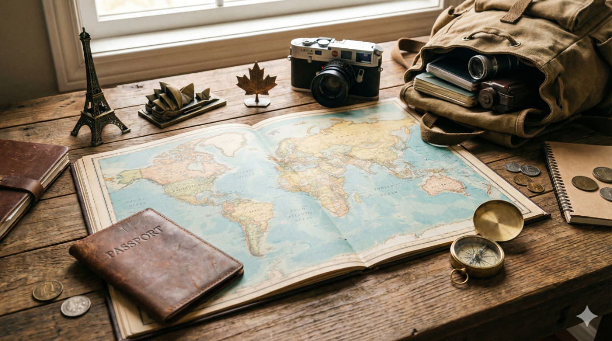 世界地図を中心に、旅の必需品や各国のアイコンを配置し、これから旅立つ計画段階の楽しさと選択肢の多さを表現。