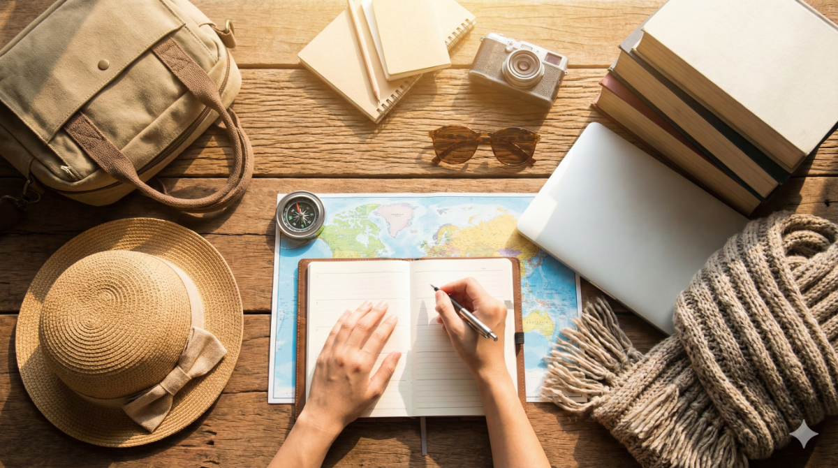 「期間の選択」を視覚化するイメージ。ノートや本、荷物の量などで時間の経過や滞在スタイルの違いをイメージ。