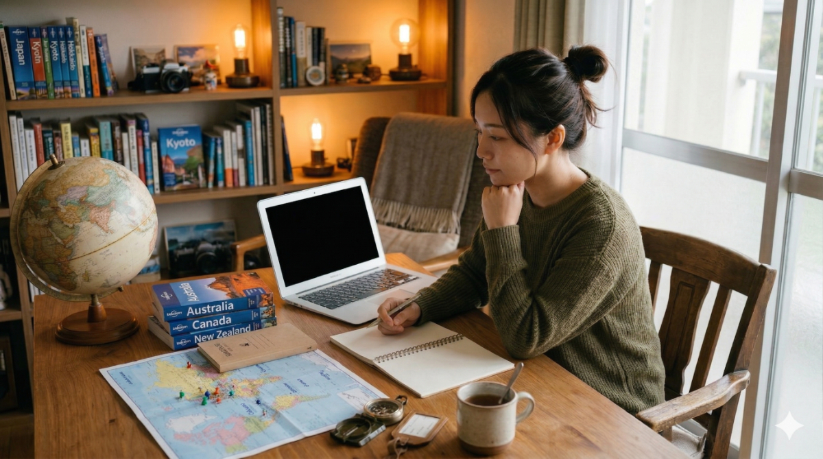 日本の自宅のデスクで、世界地図やノート、パソコンを使ってワーキングホリデーの計画を立てる日本人