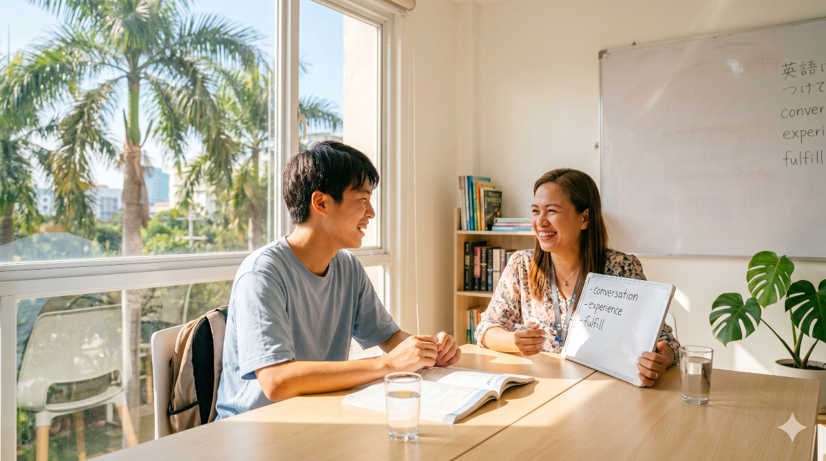 フィリピン留学の特徴であるマンツーマンレッスンを受けている留学生の様子