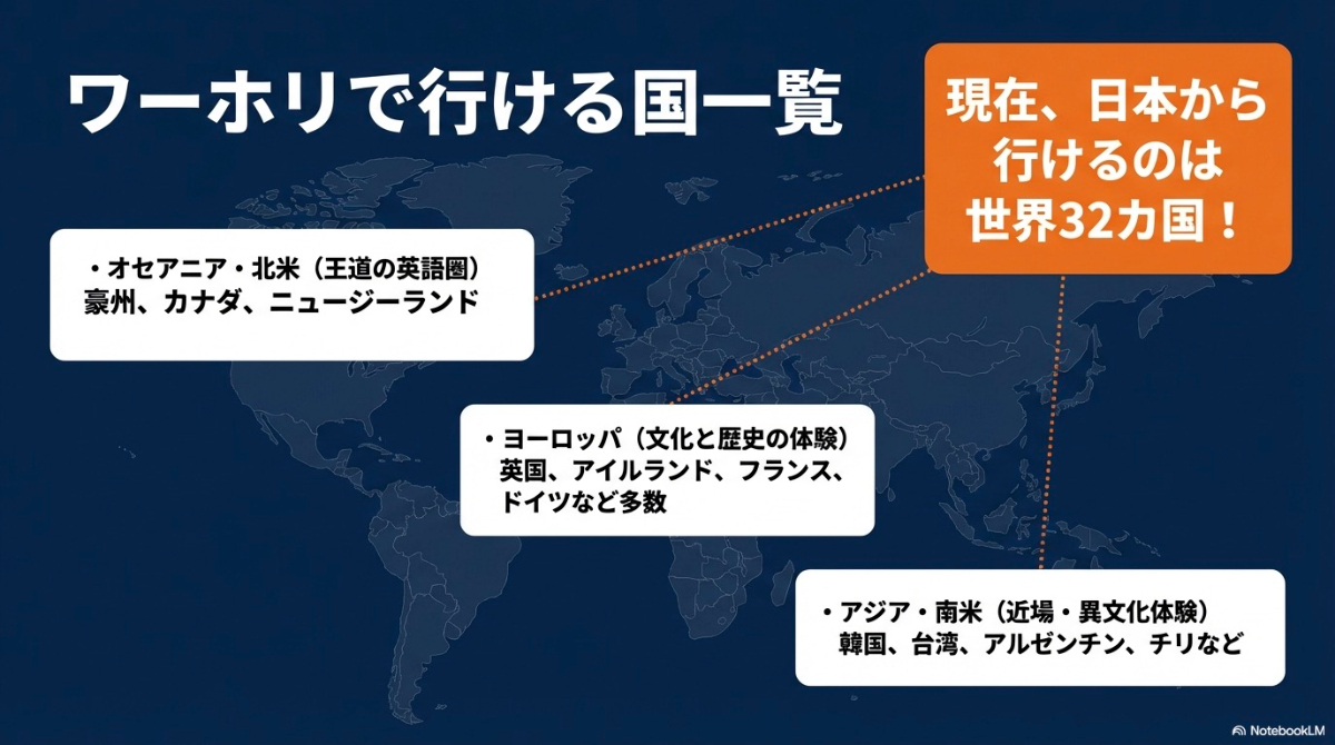 オセアニア、北米、ヨーロッパ、アジア、南米など、日本からワーホリで行ける国の要約スライド