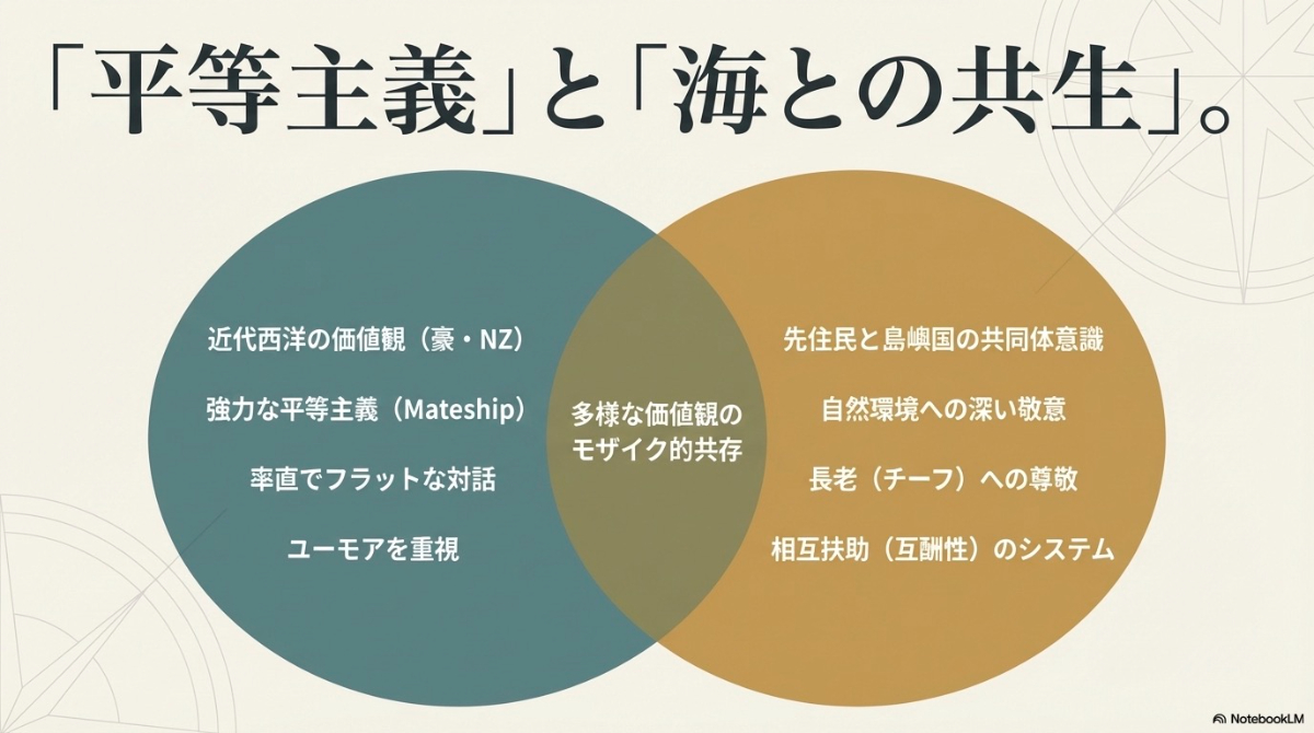 オセアニア地域の文化の特徴を要約したスライド