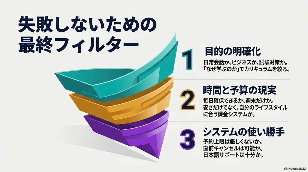 目的の明確化、時間と予算の現実、システムの使い勝手などオンライン英会話選びで失敗しないための最終フィルター