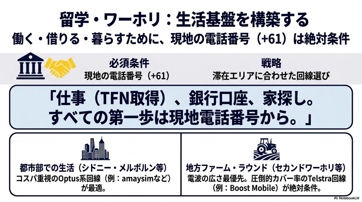 オーストラリアの留学・ワーホリにおける現地電話番号の必要性と、都市部や地方ファームでの最適な回線選びの解説。