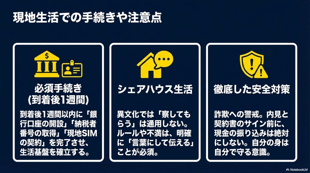 銀行口座開設などの必須手続き、シェアハウス生活でのコミュニケーション、安全対策を示す図解