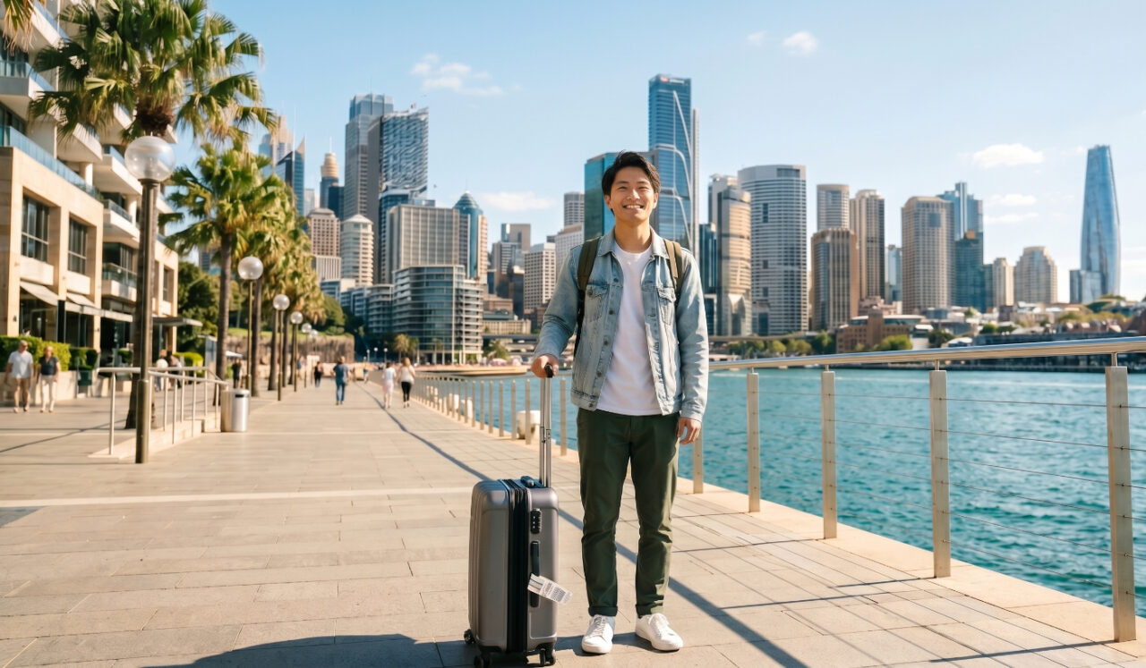 オーストラリアの街並みを背景にスーツケースを持って立つ日本人留学生