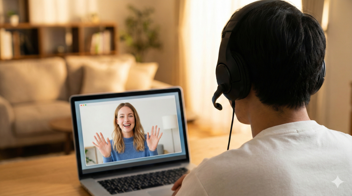 パソコンの大画面でネイティブ講師の表情を確認しながら、ヘッドセットを使用して快適にオンライン英会話レッスンを受講する日本人男性