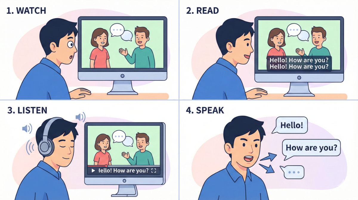 アニメを活用した英語学習の4ステップを示す4コマ画像。1.字幕なし視聴、2.英語字幕で確認、3.字幕なしで再視聴、4.シャドーイングで発音練習をする日本人男性の様子。