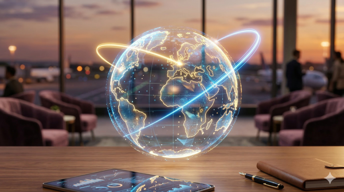 複雑な航空券を手配する「自由なルート」を、地球儀と光の軌跡を使ってモダンかつ直感的に表現。