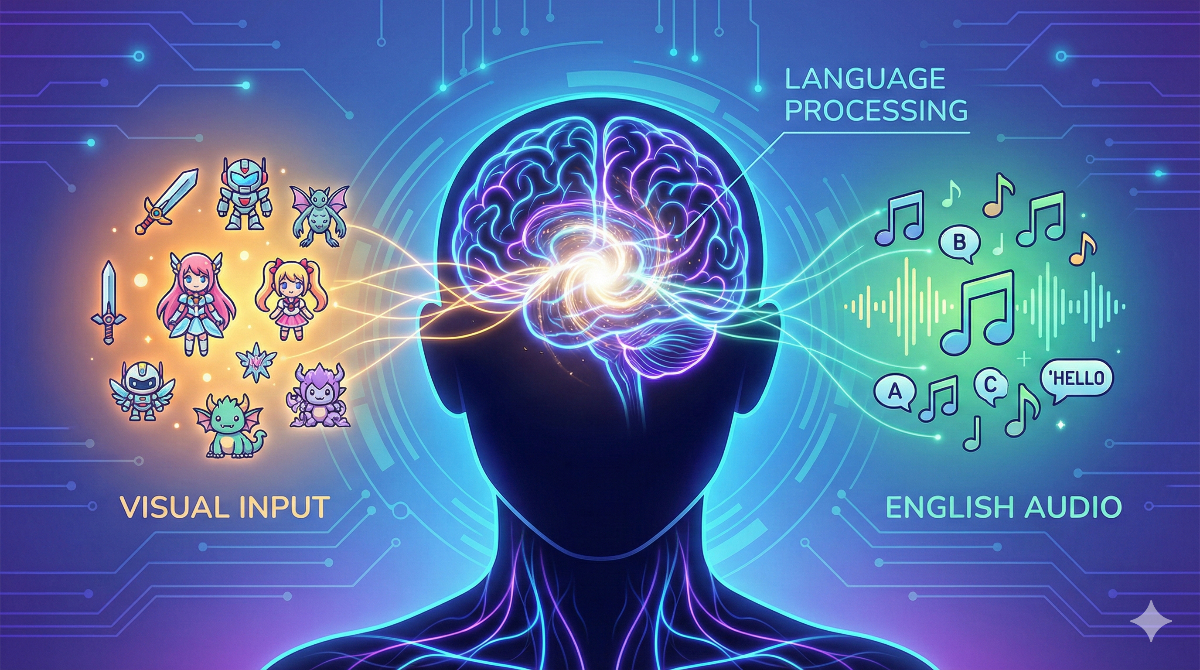 英語のアニメ学習によって視覚情報と言語が脳内でリンクするイメージ。