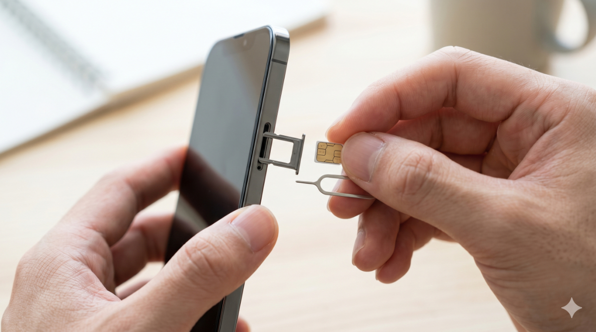 スマートフォンに物理SIMカードを挿入しようとしている様子