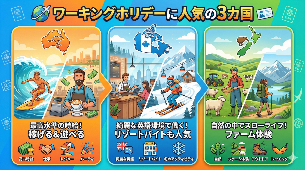 ワーキングホリデーに人気の3カ国（オーストラリア、カナダ、ニュージーランド）のインフォグラフィック。各国の特徴（オーストラリアの時給の高さ、カナダの英語環境での仕事、ニュージーランドの自然の中でのスローライフ）を、働く人々のイラストとテキストで表現。