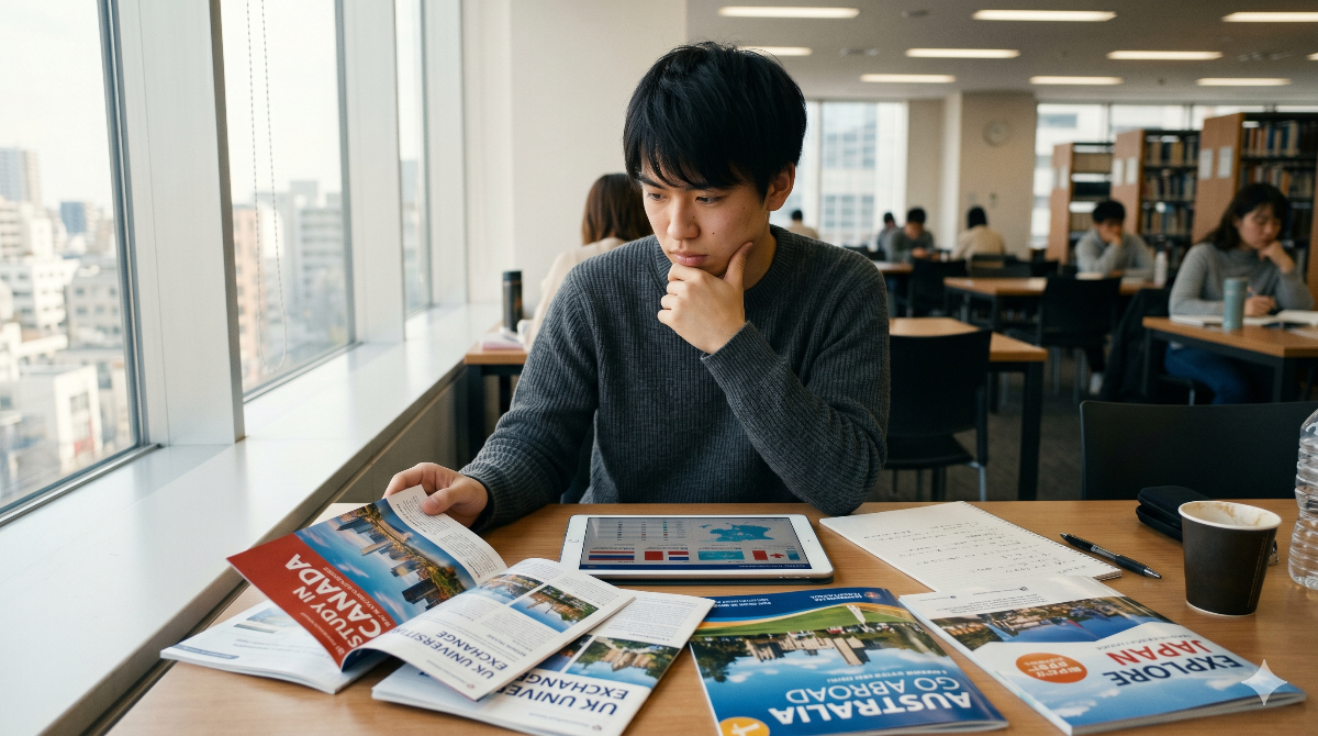 タブレットやパンフレットを広げ、複数のカナダ留学エージェントを比較検討している日本人学生