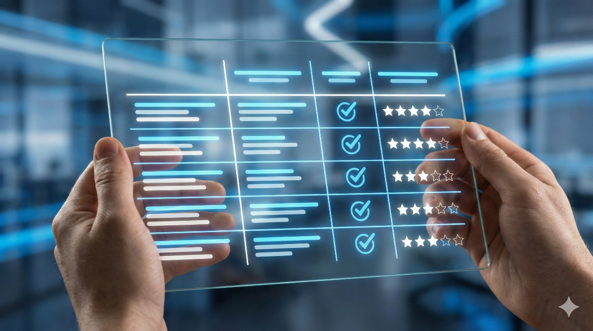 特定の文字を入れずに、複数のアプリを比較していることが伝わるスタイリッシュなマトリックス図。