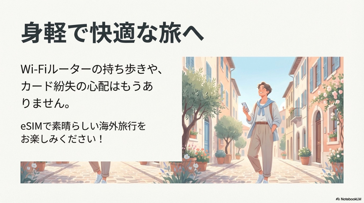 Wi-Fiルーターの持ち歩きやカード紛失の心配なく、身軽に海外旅行を楽しむ旅行者のイラスト