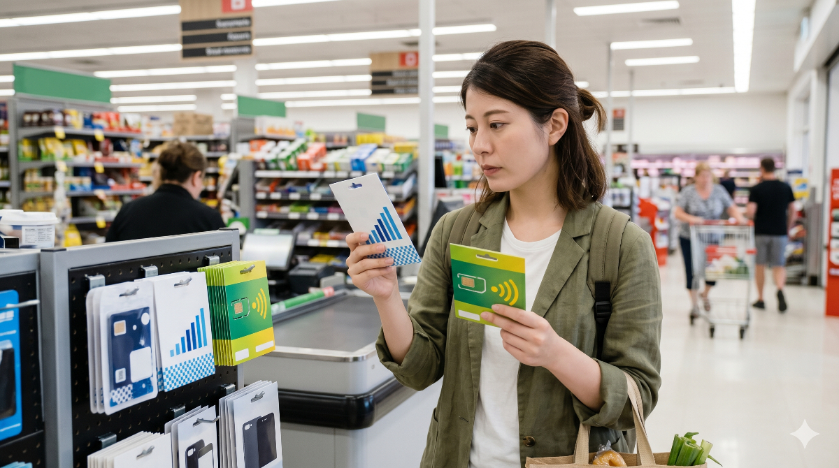 オーストラリアの大型スーパーマーケットで様々なキャリアのSIMを選んでいる日本人女性の様子。
