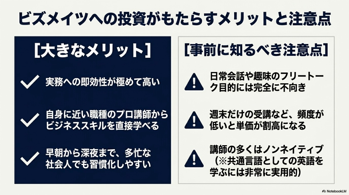 ビズメイツへの投資がもたらすメリットと事前に知るべき注意点を比較したスライド