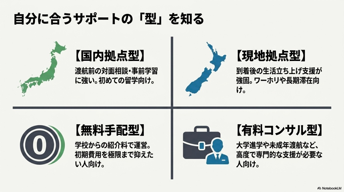 国内拠点型、現地拠点型、無料手配型、有料コンサル型という4種類の留学エージェントの特徴と、それぞれがどのような人に向いているかを解説したスライド