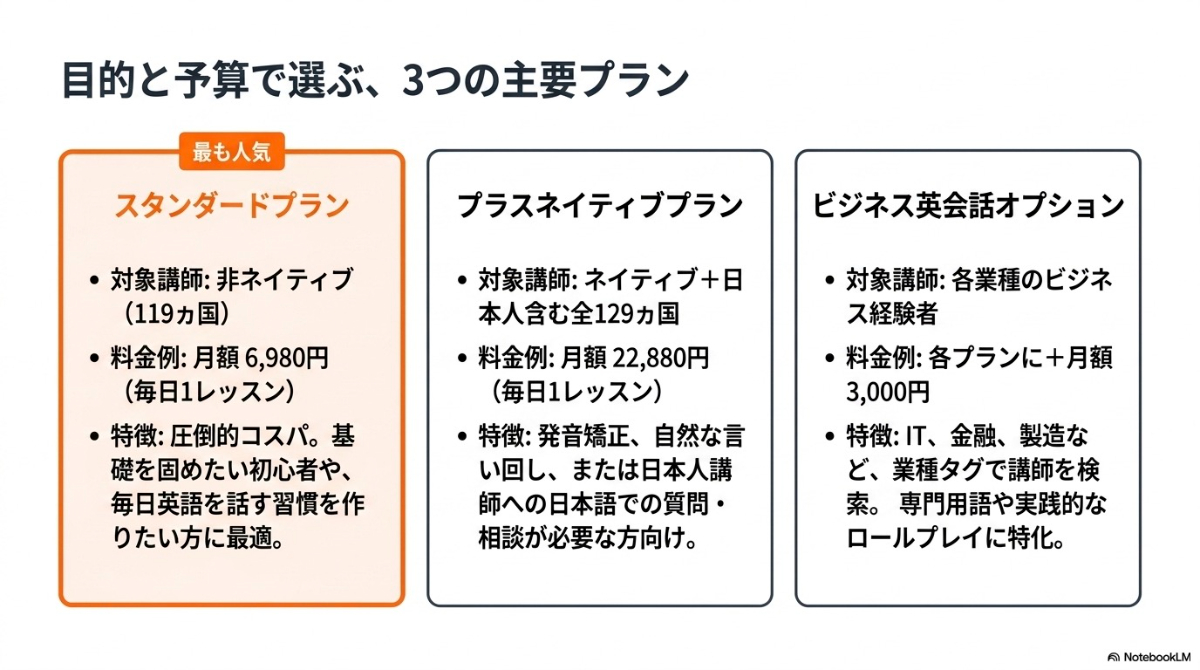 スタンダードプラン、プラスネイティブプラン、ビジネス英会話オプションの3つの主要プランの特徴を比較した図解