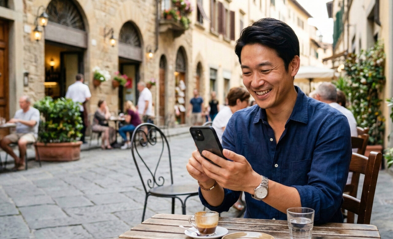 海外のオープンカフェで、リラックスしながらスマートフォンでインターネットを快適に楽しむ日本人男性