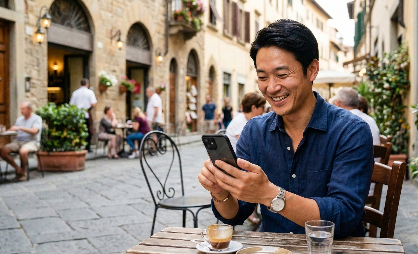 海外のオープンカフェで、リラックスしながらスマートフォンでインターネットを快適に楽しむ日本人男性