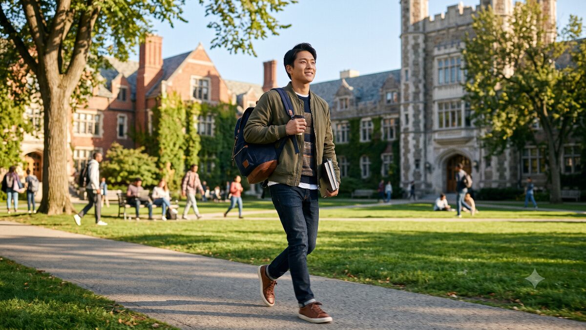 海外の大学キャンパスをバックパックを背負って歩く日本人の男子留学生