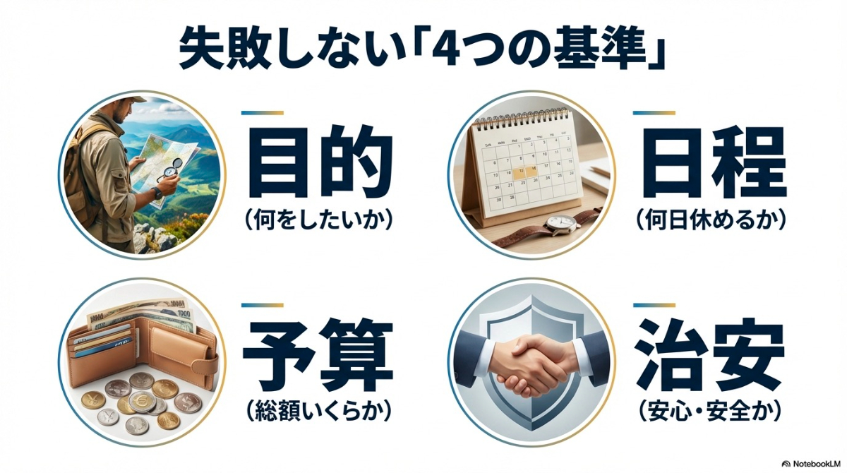 日程、予算、治安、目的の4項目がアイコン付きで解説された国選びの基準スライド