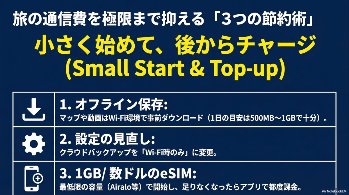 オフライン保存、設定の見直し、少容量eSIMからの都度チャージによる通信費の3つの節約術