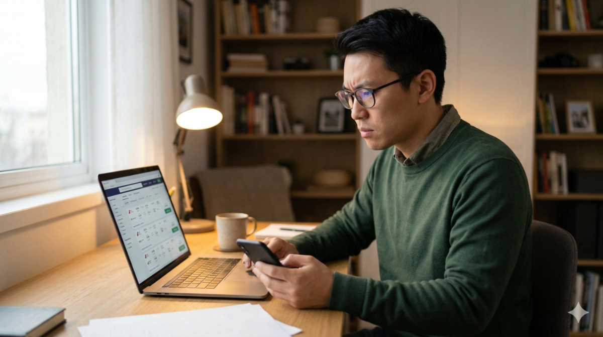 日本人男性が自宅のデスクでノートパソコンとスマートフォンを使い、複数の航空券比較サイトの画面を検討している様子。