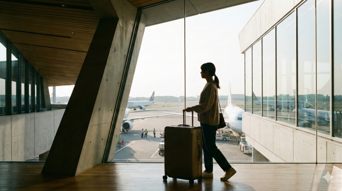 空港で飛行機を見つめる後ろ姿。これから始まる冒険への期待感と、人生の転機となる留学のドラマチックな雰囲気を表現。