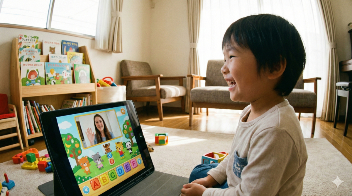 子供でも楽しく英語が学べるアプリの特徴をイメージした画像。