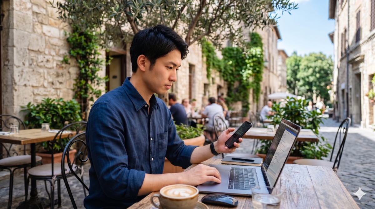 ヨーロッパのカフェで無料Wi-FiとSIMを併用して通信を利用する日本人旅行者